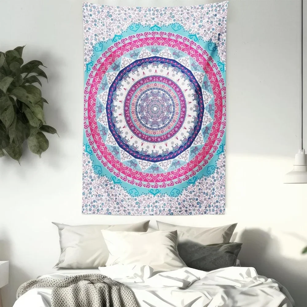 Pink & Blue Floral Mandala Elephant Boho Bohemian Home Decor Wall Tapestry NEW